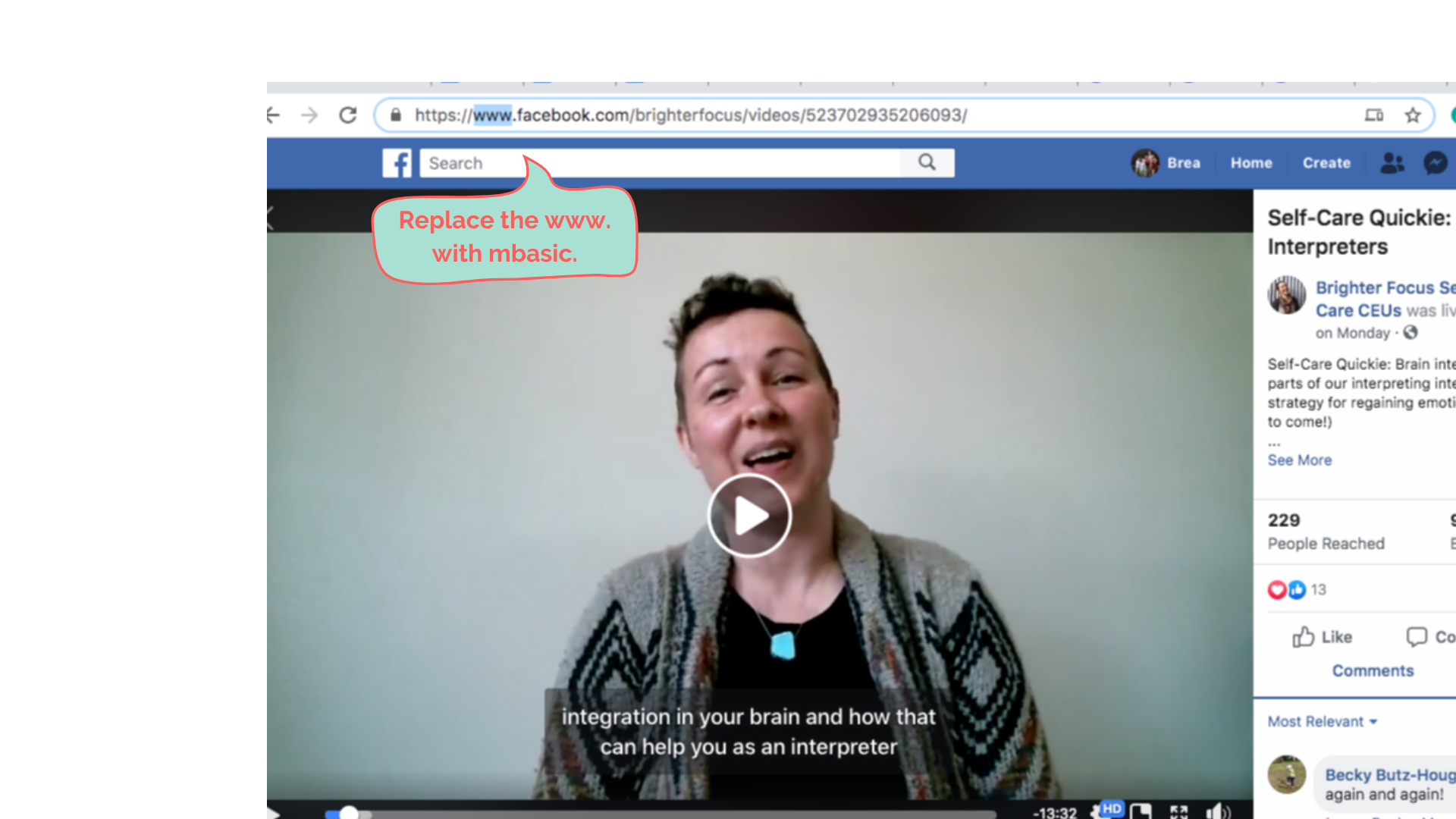 ID: Facebook Live video example with a woman on screen. URL has www. highlighted. Tags: add subtitles to videos, captions, interpreter